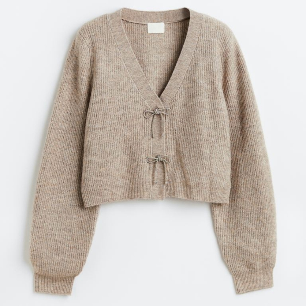 H&M Rhinestone-bow Rib-knit Cardigan Size M